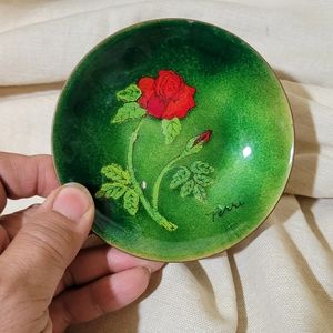 Enamel on Metal Signed Mini Green with Red Rose Trinket Dish